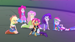 Size: 1280x720 | Tagged: safe, screencap, applejack, fluttershy, pinkie pie, rainbow dash, rarity, sunset shimmer, equestria girls, g4, my little pony equestria girls: friendship games, balloon, boots, bracelet, clothes, cowboy boots, female, high heel boots, jewelry, skirt