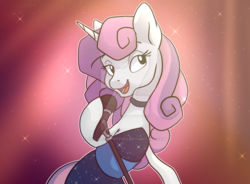 Size: 800x590 | Tagged: dead source, safe, artist:arcadianphoenix, sweetie belle, pony, unicorn, g4, clothes, dress, female, older, older sweetie belle, singing, solo, watermark