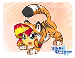 Size: 1794x1397 | Tagged: safe, artist:xwhitedreamsx, sunset shimmer, big cat, pony, tiger, unicorn, g4, clothes, costume, cute, cute little fangs, fangs, female, kigurumi, nyanset shimmer, shimmerbetes, solo, weapons-grade cute