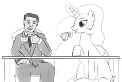 Size: 1280x853 | Tagged: safe, artist:pabbley, princess celestia, human, g4, 30 minute art challenge, food, monochrome, muhammad ali, tea