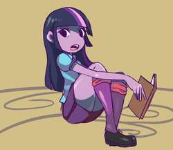 Size: 1200x1041 | Tagged: safe, artist:menma911, artist:okubobambooshoots, twilight sparkle, human, equestria girls, g4, book, clothes, female, no nose, open mouth, pleated skirt, shoes, simple background, sitting, skirt, skirt lift, socks, solo, thighs