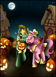 Size: 2588x3547 | Tagged: safe, artist:pridark, oc, oc only, oc:heavy metal, oc:precious metal, clothes, costume, duo, high res, moon, night, nightmare night, ponyville