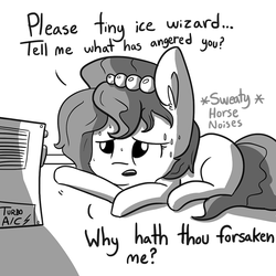 Size: 733x733 | Tagged: safe, artist:tjpones, oc, oc only, oc:brownie bun, oc:tiny ice wizard, pony, horse wife, adorable distress, air conditioner, cute, descriptive noise, fluffy, frown, horse noises, hot, meme, monochrome, open mouth, prone, sad, slice of life, solo, sweat, ye olde butcherede englishe