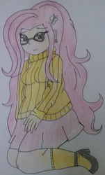 Size: 1128x1862 | Tagged: safe, artist:wolf, fluttershy, human, g4, chubby, clothes, cute, fattershy, female, glasses, high heels, humanized, pleated skirt, shoes, skirt, socks, solo, sweater, sweatershy, traditional art