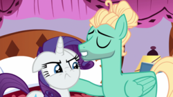 Size: 1920x1080 | Tagged: safe, screencap, rarity, zephyr breeze, pegasus, pony, unicorn, flutter brutter, g4, duo, female, floppy ears, lip bite, male, mare, rarity is not amused, stallion, unamused