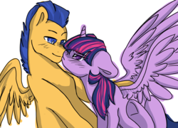 Size: 1360x980 | Tagged: safe, artist:yuyusunshine, flash sentry, twilight sparkle, alicorn, pony, g4, alternate hairstyle, bedroom eyes, boop, cuddling, cute, eye contact, female, floppy ears, frown, glare, male, nose wrinkle, noseboop, nuzzling, pouting, ship:flashlight, shipping, simple background, smiling, snuggling, spread wings, straight, teasing, tsundere, tsunlight sparkle, twilight sparkle (alicorn), underhoof, white background