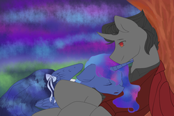 Size: 1200x800 | Tagged: safe, artist:yuyusunshine, king sombra, princess luna, g4, alternate hairstyle, clothes, cuddling, cute, ethereal mane, female, flat colors, lunabetes, male, nuzzling, ribbon, ship:lumbra, shipping, shirt, snuggling, sombradorable, straight, vest