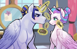 Size: 3152x2000 | Tagged: safe, artist:kianamai, princess flurry heart, oc, oc:valiant heart, alicorn, pony, kilalaverse, g4, alicorn oc, brother and sister, duo, eye contact, frown, glare, grin, high res, makeup, next generation, offspring, older, parent:princess cadance, parent:shining armor, parents:shiningcadance, smiling, unamused