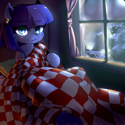 Size: 1000x1000 | Tagged: safe, artist:violise, maud pie, g4, blanket, cute, female, implied big macintosh, implied shipping, mare, maudabetes, night, snow, solo, winter