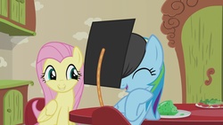 Size: 1920x1080 | Tagged: safe, screencap, fluttershy, rainbow dash, pegasus, pony, flutter brutter, g4, cute, dashabetes, eyes closed, female, graduation cap, hat, mare, open mouth, shyabetes, sitting, smiling