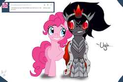 Size: 850x567 | Tagged: safe, king sombra, pinkie pie, earth pony, pony, unicorn, g4, armor, ask, cape, clothes, female, male, mare, shipping, sombrapie, stallion, straight, text, tumblr