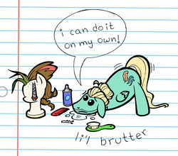 Size: 700x616 | Tagged: safe, artist:toonbat, wigford, zephyr breeze, flutter brutter, g4, amputee, brush, can i do it on my own, comb, floppy ears, homestar runner, li'l brudder, lined paper, male, solo