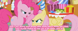 Size: 500x200 | Tagged: safe, edit, edited screencap, screencap, fluttershy, pinkie pie, g4, griffon the brush off, angry, animated, caption, episode quote, female, head pat, i'm a year older than you, image macro, meme, pat, subtitles