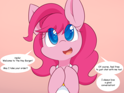 Size: 1000x750 | Tagged: safe, artist:dshou, pinkie pie, earth pony, pony, g4, clothes, cute, dialogue, diapinkes, eye clipping through hair, female, hooves together, open mouth, solo, speech bubble, the hayburger, yet another pinkie blog