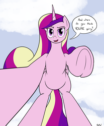 Size: 1606x1940 | Tagged: safe, artist:rapidstrike, princess cadance, pony, g4, crush fetish, dialogue, female, fetish, giant cadance, giant pony, hoof fetish, looking at you, macro, micro, offscreen character, open mouth, pov, raised hoof, request, size difference, solo, speech bubble, underhoof