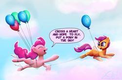 Size: 4018x2627 | Tagged: safe, artist:xbi, pinkie pie, rainbow dash, scootaloo, earth pony, pegasus, pony, g4, balloon, cloud, cute, cutealoo, dialogue, diapinkes, eyes closed, flapping, flying, happy, high res, hnnng, looking back, missing cutie mark, open mouth, scootaloo can fly, scootalove, sky, smiling, speech bubble, string, then watch her balloons lift her up to the sky, wallpaper