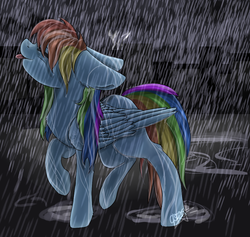 Size: 1000x949 | Tagged: safe, artist:ognevitsa, rainbow dash, g4, female, floppy ears, rain, solo