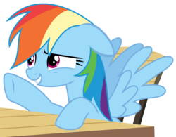 Size: 3256x2544 | Tagged: safe, artist:sketchmcreations, rainbow dash, flutter brutter, g4, anxious, chair, female, high res, inkscape, raised hoof, simple background, smiling, solo, table, transparent background, vector