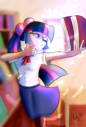 Size: 1080x1600 | Tagged: safe, artist:phuocthiencreation, twilight sparkle, human, g4, book, clothes, female, humanized, schoolgirl, solo
