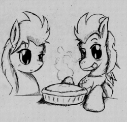 Size: 900x864 | Tagged: safe, artist:angrycaboose, soarin', spitfire, pony, g4, female, food, male, monochrome, pie, ship:soarinfire, shipping, straight