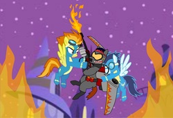 Size: 1083x738 | Tagged: safe, artist:zacharygoblin55, soarin', spitfire, pegasus, pony, g4, fight, flamethrower, weapon, wonderbolts