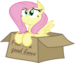 Size: 6000x5089 | Tagged: safe, artist:shoutingisfun, artist:slb94, fluttershy, pony, g4, absurd resolution, box, bronybait, cute, female, flutterbox, free pony, frown, pony in a box, sad, shyabetes, simple background, solo, transparent background