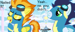 Size: 1024x439 | Tagged: safe, artist:lcponymerch, soarin', spitfire, pony, g4, bragging, clothes, uniform, watermark, wonderbolts uniform