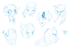 Size: 900x600 | Tagged: safe, artist:sweettots, coco pommel, dj pon-3, fleur-de-lis, limestone pie, marble pie, maud pie, octavia melody, trixie, vinyl scratch, pony, unicorn, g4, bust, female, mare, monochrome, portrait, sketch, sketch dump