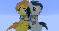 Size: 1233x648 | Tagged: safe, artist:lixid, soarin', spitfire, pony, g4, clothes, colt, duo, female, filly, game screencap, male, minecraft, minecraft pixel art, pixel art, scarf, shared clothing, shared scarf, ship:soarinfire, shipping, straight