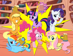 Size: 1690x1308 | Tagged: safe, artist:ieatedaunicorn, applejack, fluttershy, pinkie pie, rainbow dash, rarity, twilight sparkle, g4, cider, drink, happy, magic, mane six, mug, smiling, telekinesis