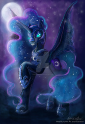 Size: 1024x1489 | Tagged: safe, artist:mad munchkin, nightmare moon, g4, female, grin, moon, raised hoof, smiling, solo, spread wings, watermark