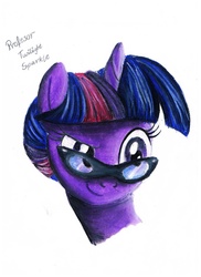 Size: 1024x1408 | Tagged: safe, artist:koniareczka10, twilight sparkle, pony, g4, female, glasses, raised eyebrow, smiling, solo