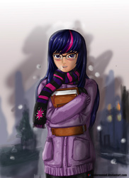 Size: 1047x1440 | Tagged: safe, artist:valornomad, twilight sparkle, human, g4, blushing, book, clothes, female, glasses, humanized, scarf, solo, winter