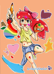 Size: 1700x2338 | Tagged: safe, artist:anibaruthecat, apple bloom, human, g4, action pose, armpits, artist, belly button, bow, clothes, female, hair bow, humanized, midriff, open mouth, paint, paintbrush, solo, suspenders