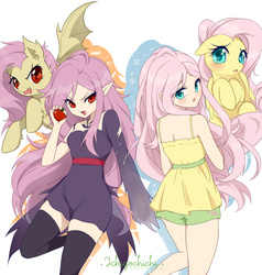 Size: 880x926 | Tagged: safe, artist:ichigochichi, fluttershy, bat pony, human, pegasus, pony, g4, apple, clothes, cute, dress, female, flutterbat, food, human paradox, human ponidox, humanized, mare, open mouth, race swap, self ponidox, shyabates, shyabetes, socks, thigh highs, zettai ryouiki