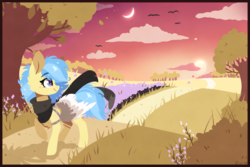 Size: 1500x1000 | Tagged: safe, artist:tay-niko-yanuciq, oc, oc only, clothes, flower, moon, scarf, scenery, solo, sun, sunset, tree