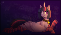 Size: 2980x1724 | Tagged: safe, artist:discosweetruletik, twilight sparkle, alicorn, pony, g4, bell, bell collar, clothes, collar, female, lying, lying down, prone, socks, solo, sploot, striped socks, twilight sparkle (alicorn)
