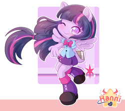 Size: 3096x2755 | Tagged: safe, artist:hanni-tan, twilight sparkle, equestria girls, g4, blushing, book, chibi, clothes, cute, female, high res, looking at you, pleated skirt, ponied up, raised leg, skirt, solo, take my hand, twiabetes, twilight sparkle (alicorn), wink