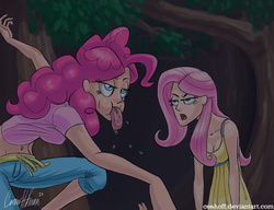 Size: 1037x798 | Tagged: safe, artist:ceehoff, fluttershy, pinkie pie, human, bridle gossip, g4, belly button, cleavage, clothes, dancing, dress, drool, duo, evil enchantress, female, flutterguy, forest, humanized, midriff, scene interpretation, singing, skinny, song in the comments, spitty pie, thin