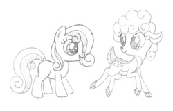 Size: 700x448 | Tagged: safe, artist:sirzi, oc, oc only, deer, earth pony, fawn, fordeer, original species, pony, deer oc, duo, female, filly, monochrome, non-pony oc, traditional art