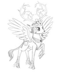 Size: 900x1138 | Tagged: safe, artist:sirzi, oc, oc only, oc:prince vernalis, deer, eikerren, original species, peryton, branches for antlers, deer oc, monochrome, non-pony oc, raised hoof, solo, traditional art, wings