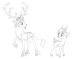 Size: 800x621 | Tagged: safe, artist:sirzi, oc, oc only, oc:prince vernalis, deer, eikerren, fordeer, branches for antlers, deer oc, duo, grayscale, male, monochrome, non-pony oc, pencil drawing, stag, traditional art, wings
