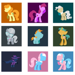 Size: 466x466 | Tagged: safe, artist:steveholt, part of a set, aloe, berry punch, berryshine, carrot top, golden harvest, lotus blossom, mare do well, mayor mare, silver spoon, snails, snips, g4, minimalist