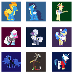 Size: 466x466 | Tagged: safe, artist:steveholt, part of a set, discord, flam, hoity toity, nightmare moon, photo finish, sapphire shores, shining armor, soarin', spitfire, pony, g4, minimalist