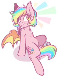 Size: 1900x2500 | Tagged: safe, artist:hawthornss, oc, oc only, oc:paper stars, bat pony, pony, amputee, chest fluff, cute, cute little fangs, ear fluff, fangs, female, rainbow hair, simple background, smiling, solo, sparkles