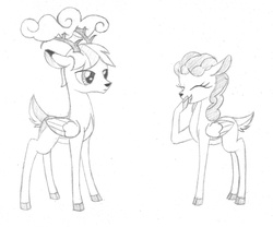 Size: 1000x833 | Tagged: safe, artist:sirzi, oc, oc only, deer, peryton, cloud, deer oc, doe, duo, grayscale, monochrome, simple background, traditional art, white background