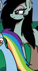 Size: 435x818 | Tagged: safe, artist:ponygoddess, idw, rainbow dash, oc, oc:sappho, pony, friends forever, g4, spoiler:comic, spoiler:comicff16, ear piercing, earring, female, jewelry, mare, piercing, smiling