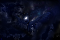 Size: 3000x2000 | Tagged: safe, artist:sailiss, princess luna, g4, cloud, female, flying, glowing eyes, high res, lightning, night, solo