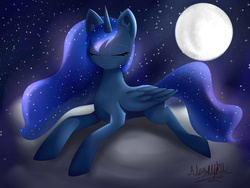 Size: 2364x1773 | Tagged: safe, artist:alezayku, princess luna, g4, cloud, eyes closed, female, moon, prone, solo, stars