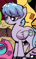 Size: 160x260 | Tagged: safe, idw, official comic, flax seed, may flowers, sleepy skies, tempeh, pegasus, pony, g4, micro-series #3, my little pony micro-series, spoiler:comic, cropped, female, folded wings, mare, solo focus, wings